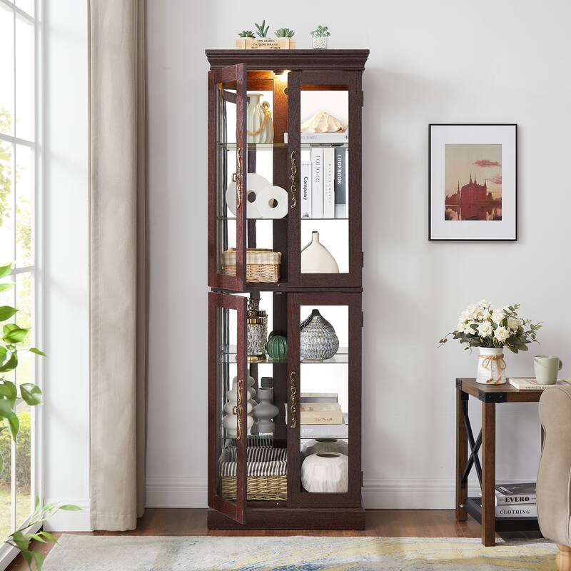 Lighted Glass Curio Display Cabinet: Wood Frame, Wine/Toy Storage - For Living Room/Kitchen, Bulb Included