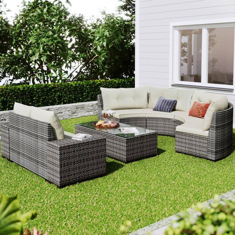 8Pieces Outdoor Wicker Round Sofa Set, Halfmoon Sectionals Sofa with