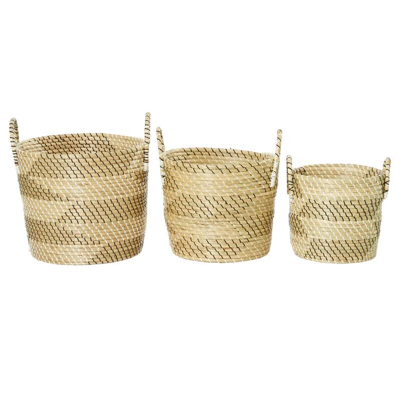 Beige Seagrass Handmade Two Toned Decorative and Functional Storage Basket with Handles (Set of 3)