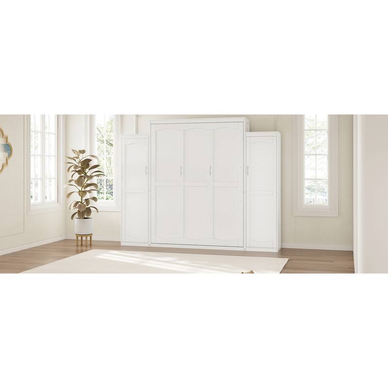 Queen Size Wood Murphy Bed with Two Wardrobe and Storage Shelf, Multifunctional Foldable Platform Bedframe