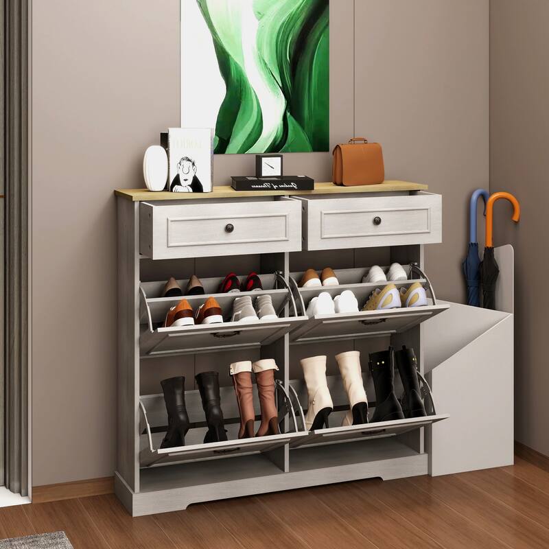 Shoe Storage Cabinet with 2 Drawers 4 Flip Drawers Adjustable Shelf Freestanding Slim Antique White Entryway