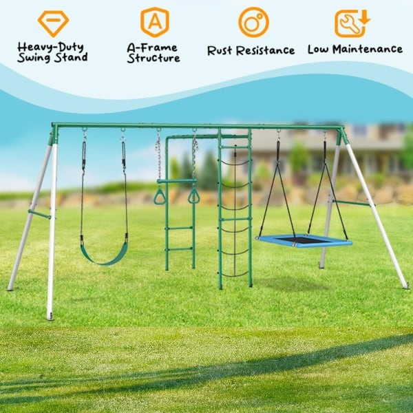 5-in-1 Metal Swing Set For Backyard - Heavy Duty Outdoor Playset With Slide, Glider & Swings