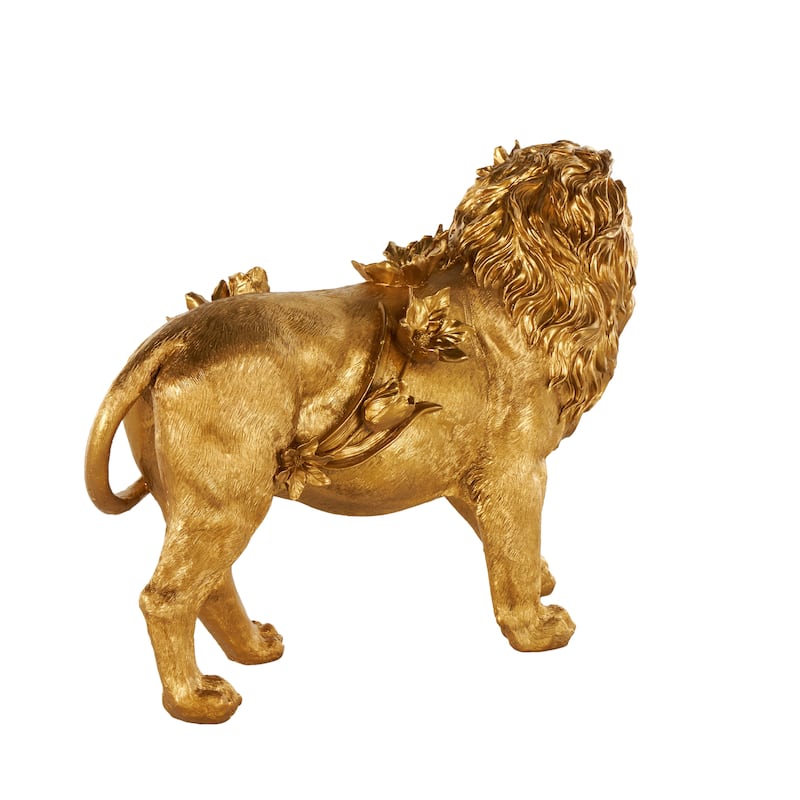 Gold Resin Walking Lion Decorative Sculpture with Floral Accents - 6"W x 18"L x 13"H