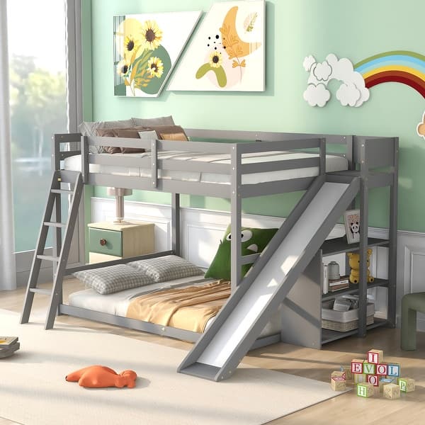 slide 2 of 30, Minimalist Design Full over Full Wooden Bunk Bed with Slide,Built-In Sloping Ladder and Storage Shelves Gray