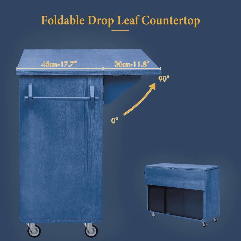 Rolling Kitchen Island with Drop Leaf, Ash Veneer Handwoven Doors, Internal Storage Rack, and Wheels - 51.2" Coastal Design