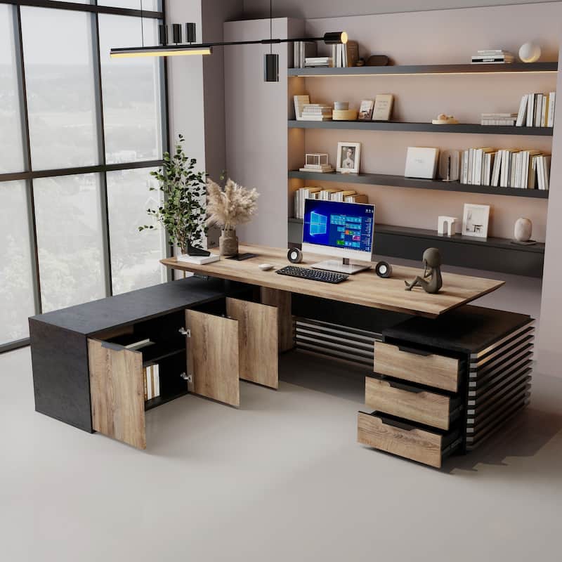 Adjustable Height Executive L Shaped Standing Desk w/ Cable Box Drawers Cabinets