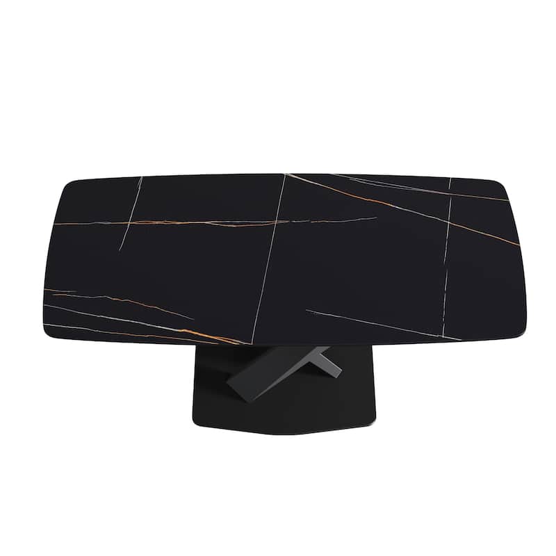 70.87"Modern artificial stone black curved black metal leg dining table-can accommodate 6-8 people