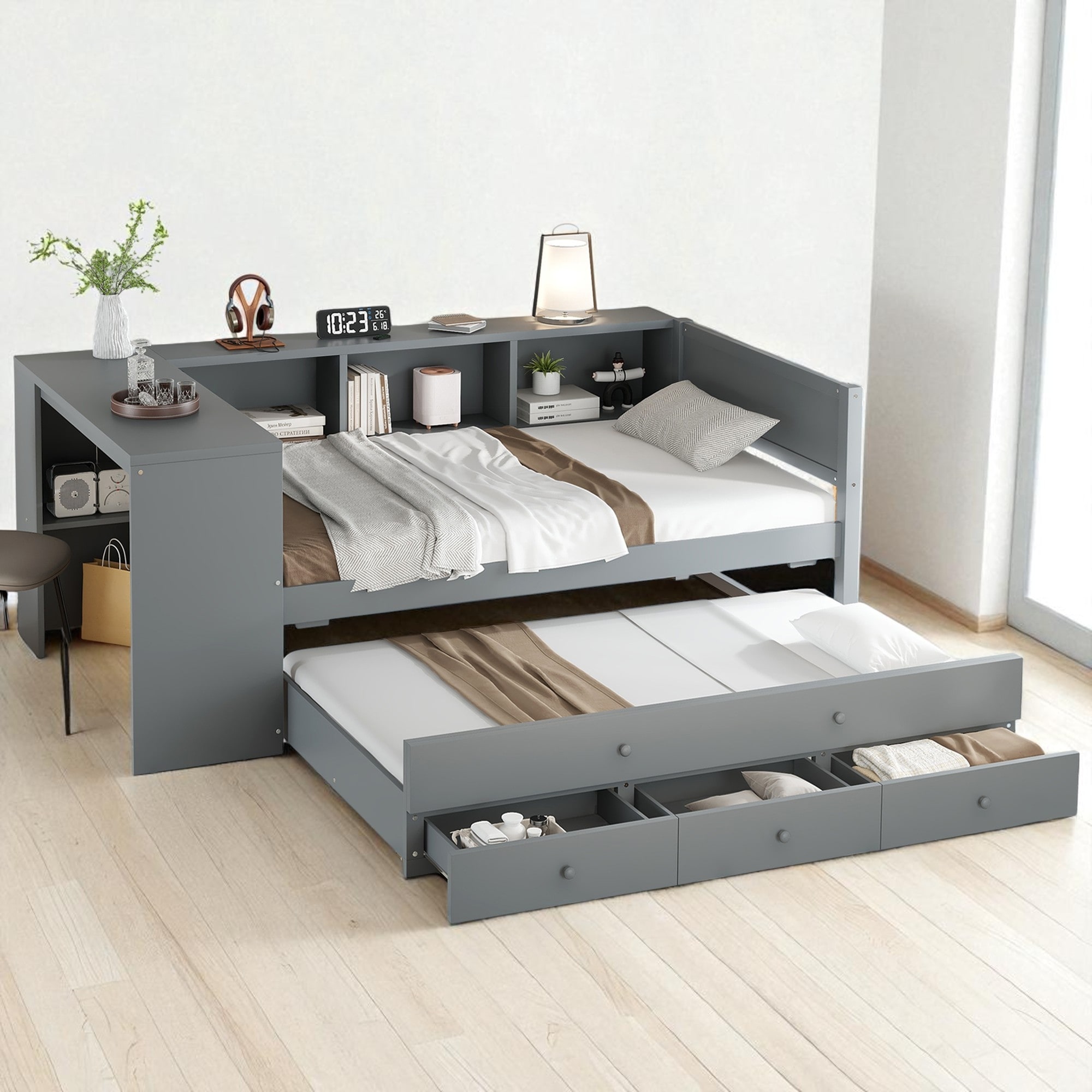 Twin Size Wooden Daybed with Trundle, Storage Drawers, Shelves, and Tray Desk, Space-Saving Multifunctional Frame