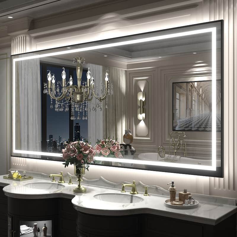 Black Metal Framed LED Front Light and Backlit Anti-Fog Wall Bathroom/ Vanity Mirror - 77" x 36"-Square Corner - Black