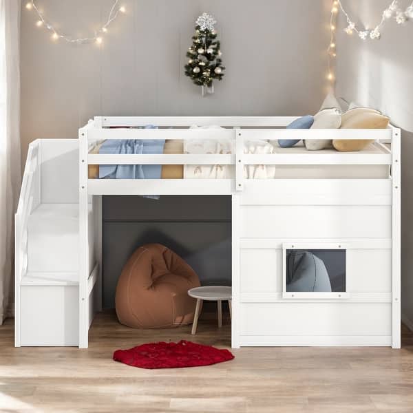 slide 2 of 9, Twin Loft Bed with Storage Staircase & Window, White