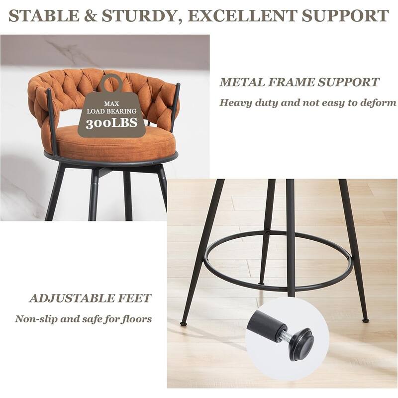 XINMICS 360° Swivel Bar Stools, 24 Inches Modern Counter Height Bar Stools with Woven Back, Upholstered Suede Tall Barstools