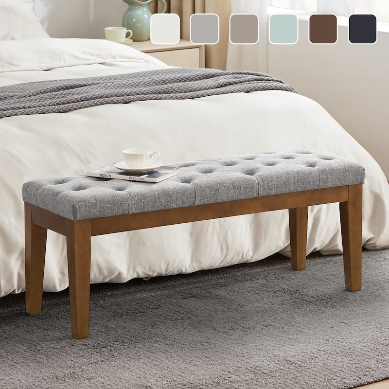 Button-Tufted Bench for End of Bed, Entryway Bench Beige/ Black/ Brown Solid Wood, Leather, Fabric 44-inch