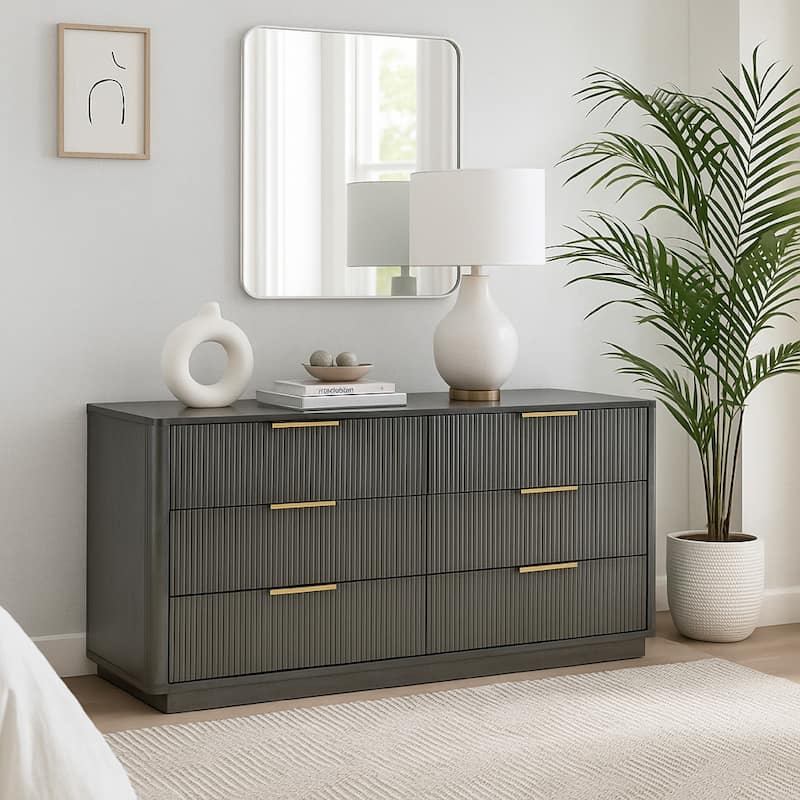 Noe Celia Wide Dresser, 6 Drawers Retro Luxe Gray Rubberwood