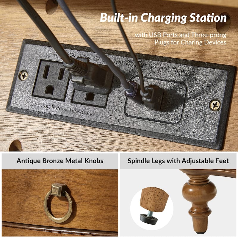 Alois Traditional 28''W 3-Drawer Curves End Table with Built-in Charging Station and Solid Wood Spindle Legs by HULALA HOME