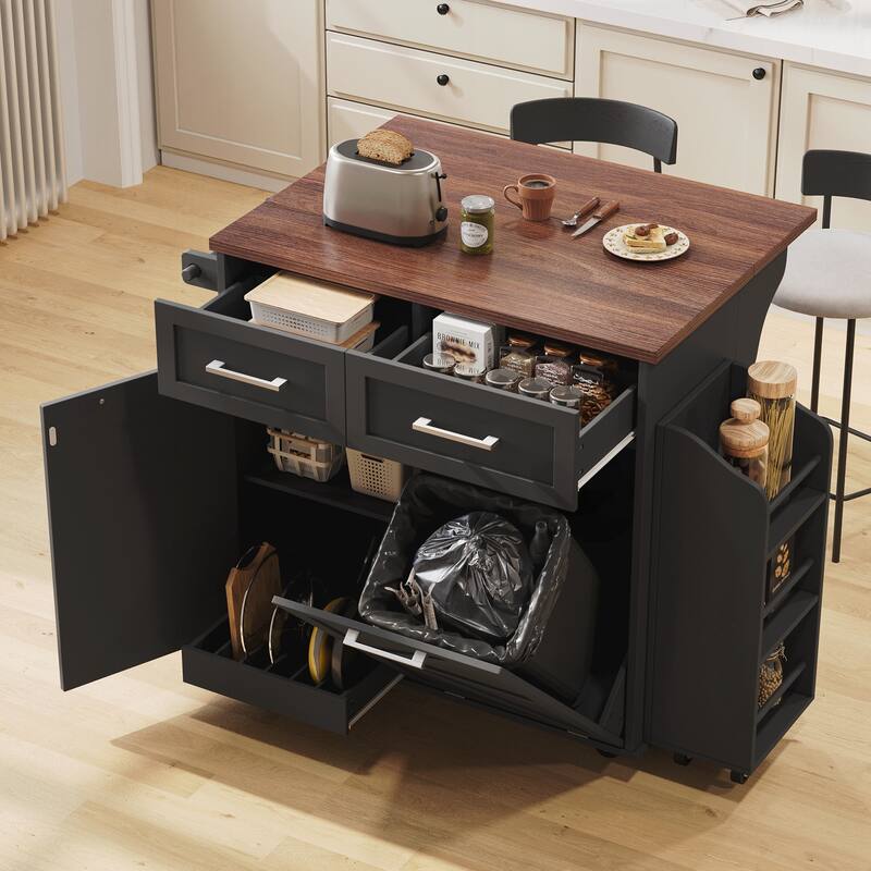 Kitchen Island with Drop Leaf, Kitchen Storage Island with Removable Side Racks, Two Drawers - Black