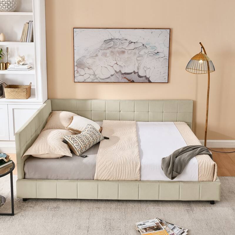 Upholstered Tufted Bed Frame Velvet Fabric Daybed - Beige - Queen