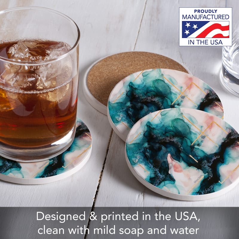 Illumination 4 Pack Round Absorbent Stone Coasters with Protective Cork Backing Manufactured in The USA