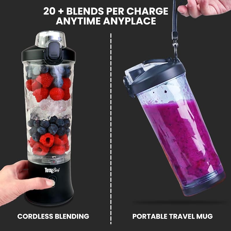 Total Chef Cordless Portable Blender, 20 oz (600 mL) Personal Blender, USB Rechargeable, Black