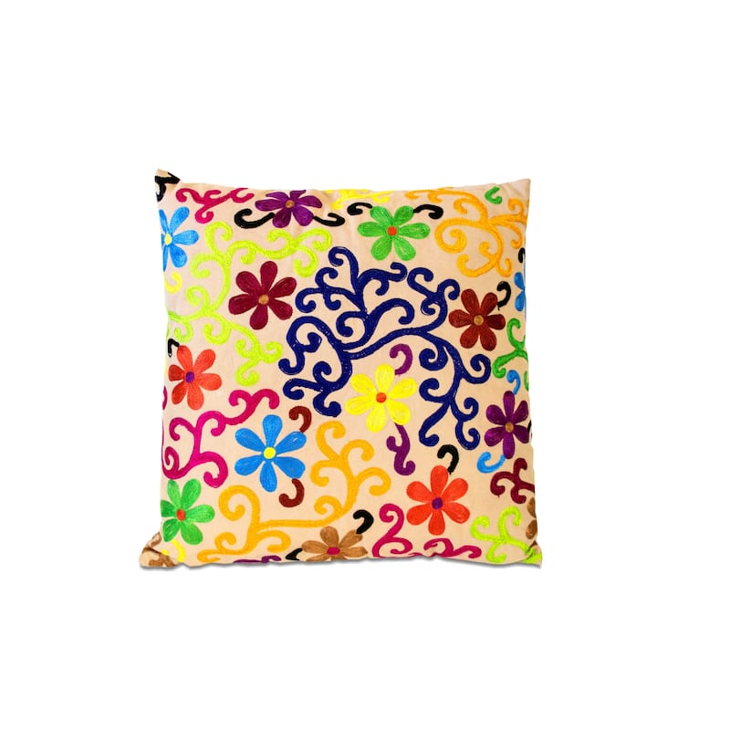 Set of Two 20" Natural Blue And Yellow Floral Cotton Throw Pillows with Embroidery