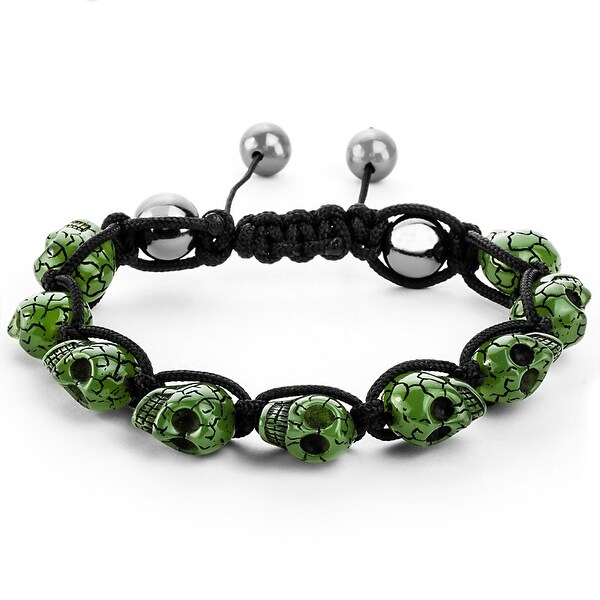 Men's Green Resin Grinning Skull Bead Adjustable Cord Bracelet (17 mm) - 7.5 in
