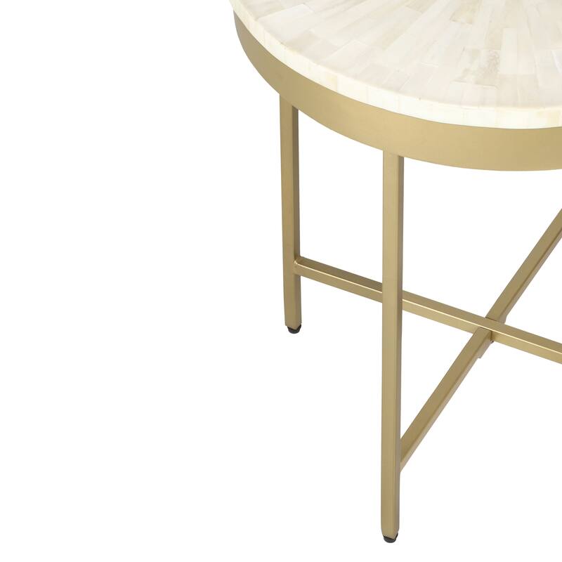 Sevita Alaric Round Bone Inlay and Gold Steel Cross-Leg End Table, 20" W x 22" H - 20" L x 20" W x 22" H