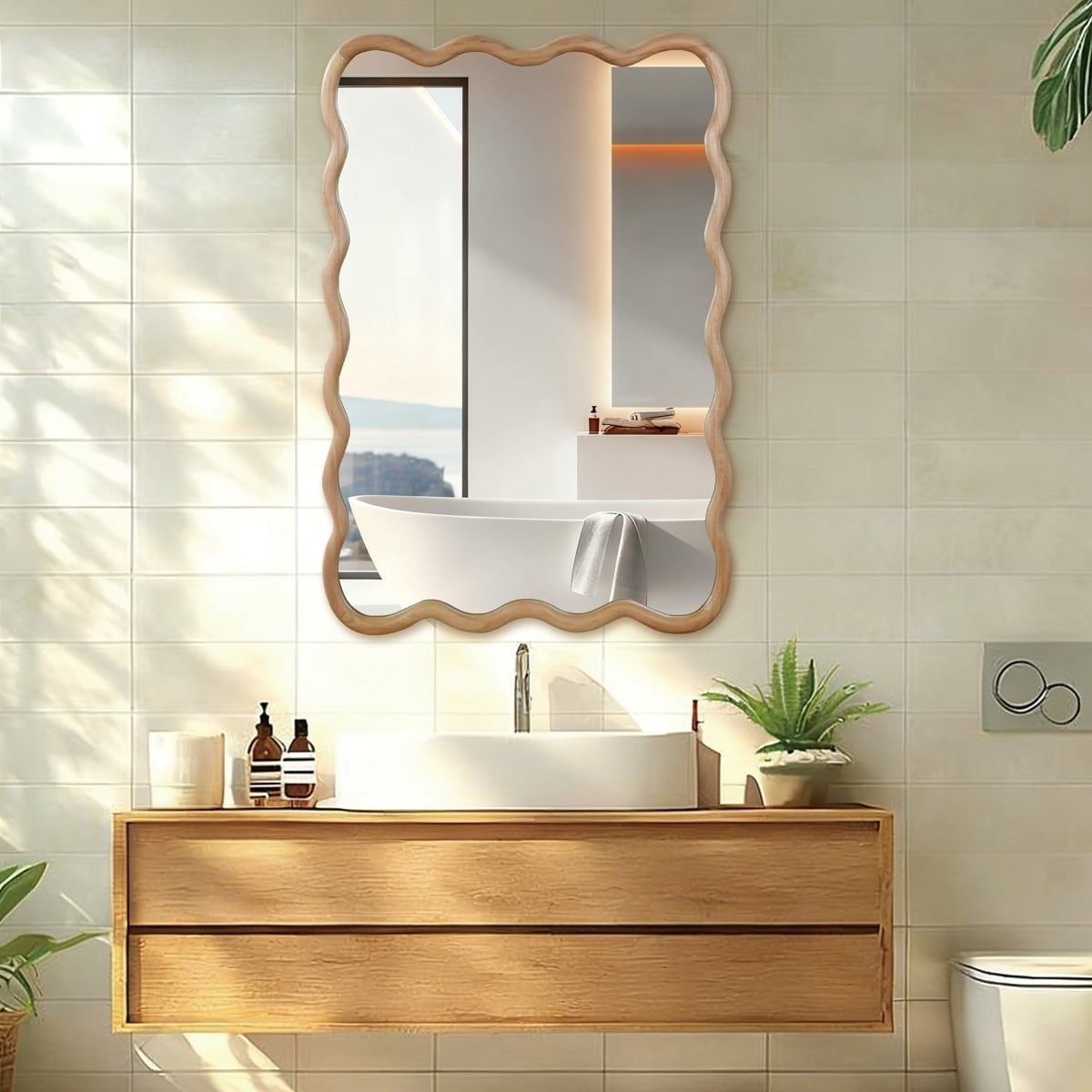 Wavy Rectangle Wood Frame Decorative Mirror
