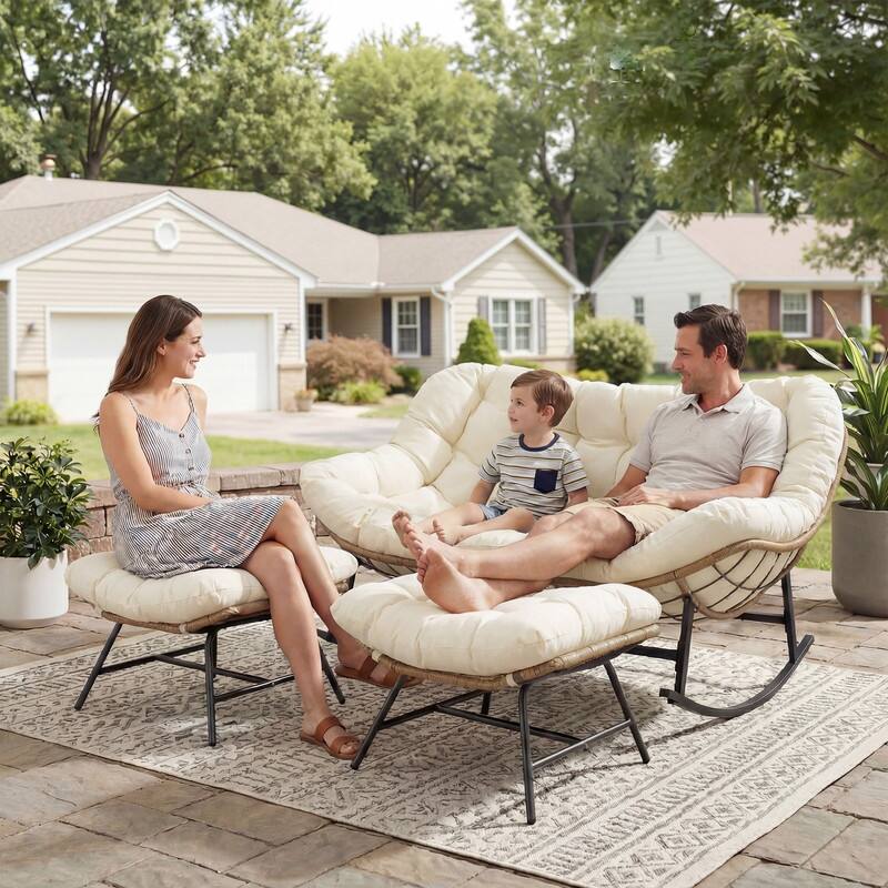 FINCATI Oversized Double Rocking Chair Outdoor Indoor, 40" D x 58" W Double Papasan Rocking Chair with Padded Cushion