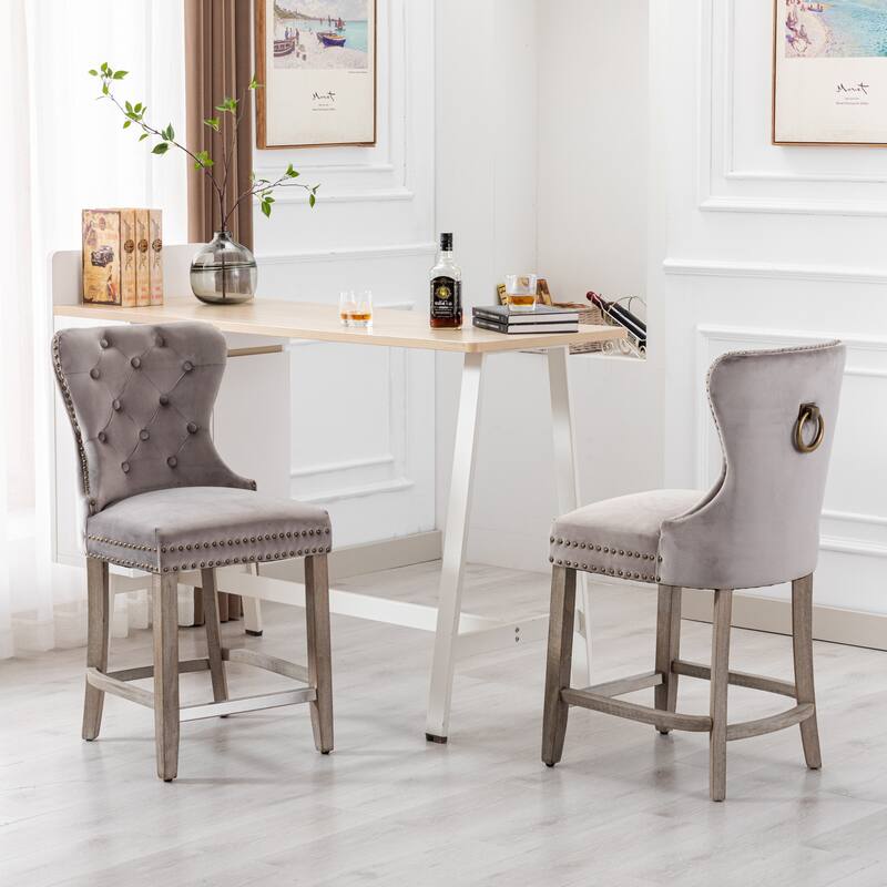 Carter 24" Wingback Tufted Nailhead Counter Stool (Set of 2), Antique Grey Legs - Grey