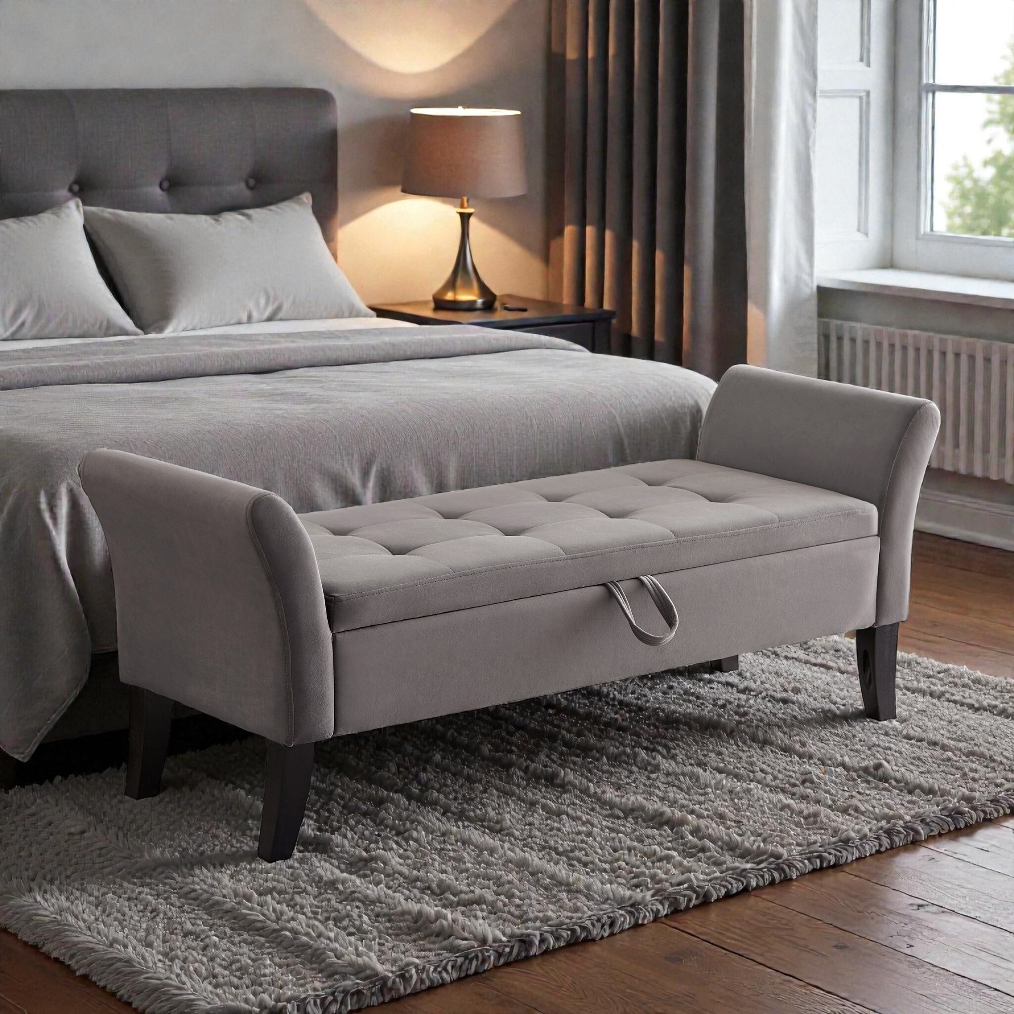 Upholstered Velvet Storage Bench with Curved Armrests, Tufted End of Bed Ottoman Bench with Hidden Compartment for Bedroom