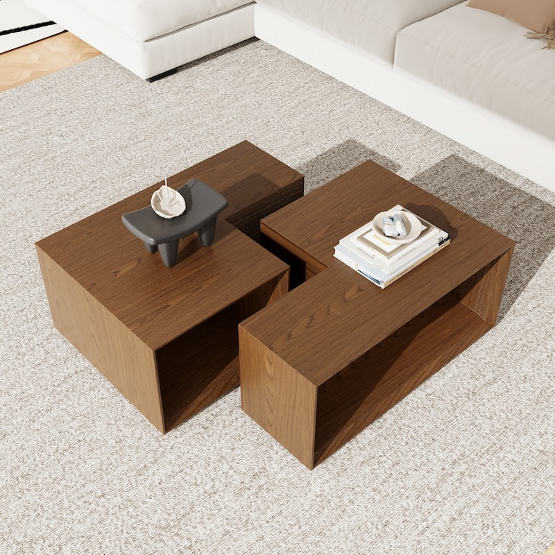 53.14" Mid Century Wood Coffee Table, Set of 2, Brown