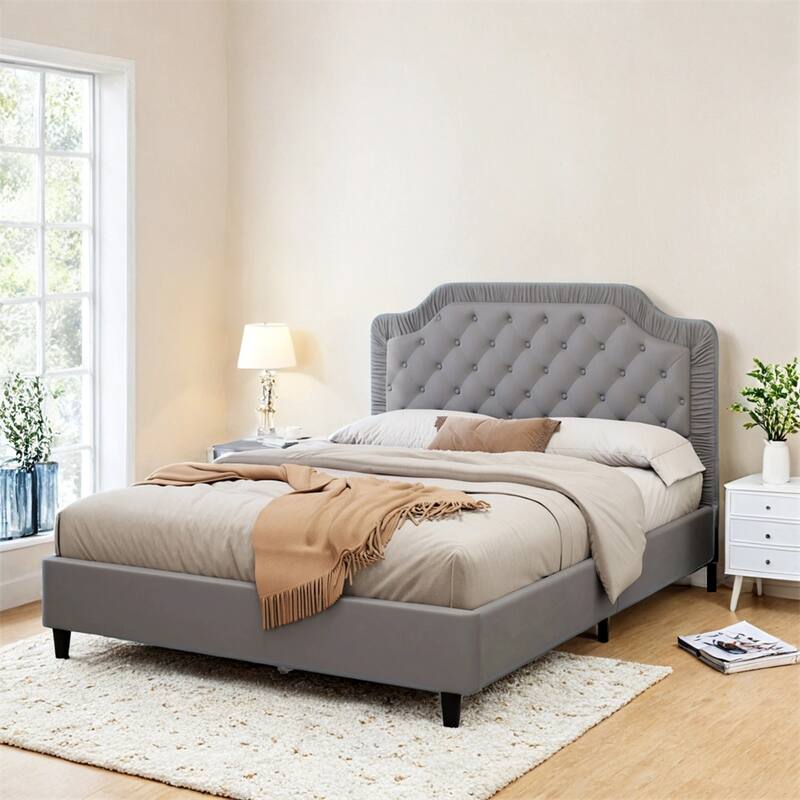 Queen Size Upholstered Bed with Ruched and Button Tufted Headboard