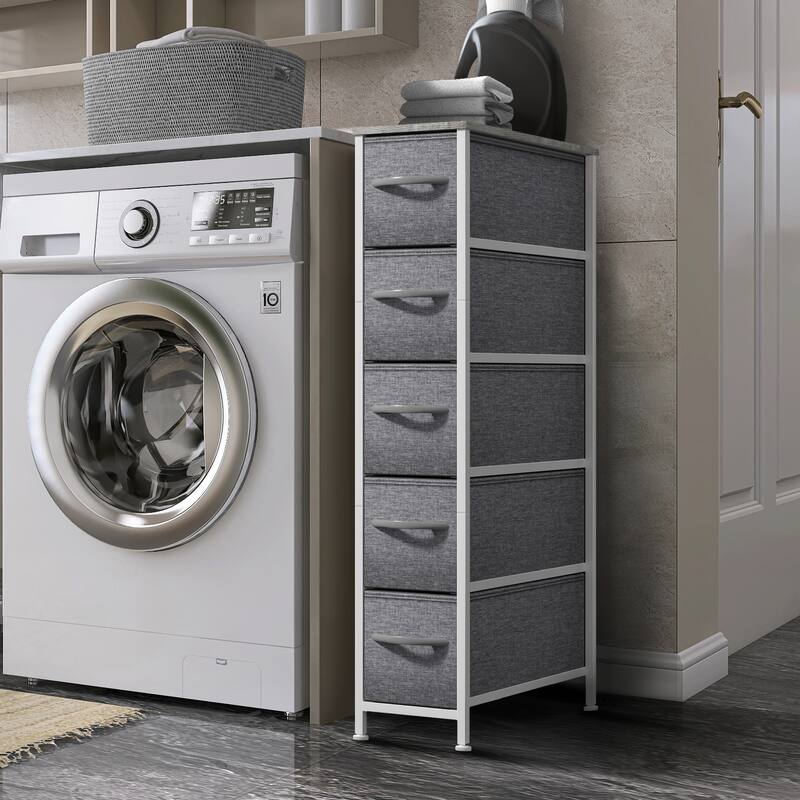 Sorbus Narrow Dresser with 5 Drawers - Vertical Slim Storage Chest of Drawers with Steel Frame, Wood Top & Easy Pull Fabric Bins