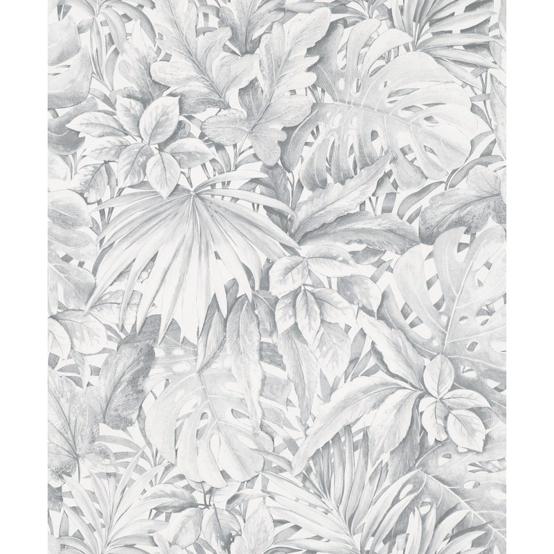Galerie Wallcoverings Eden Collection Jungle Leaves Vinyl on Non-Woven Matte Wallpaper Roll - 33 feet x 21 inches - Grey