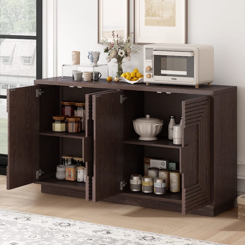 Coffee Bar Cabinet with Storage, Fluted Sideboard Cabinet with 4 Doors, Freestanding Buffet Table with Adjustable Shelves
