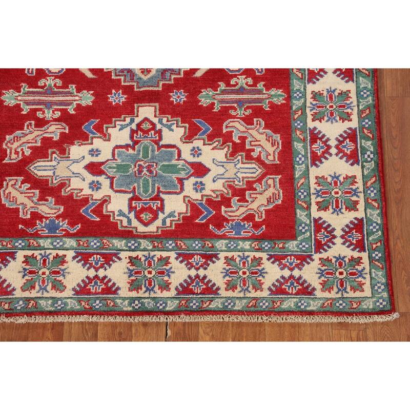 Red Kazak Area Rug Hand-Knotted Oriental Wool Carpet - 4'1" x 5'6"