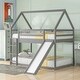 preview thumbnail 2 of 16, Modern Twin Size Wood Bunk House Bed with Slide, Ladder & Roof, Gray