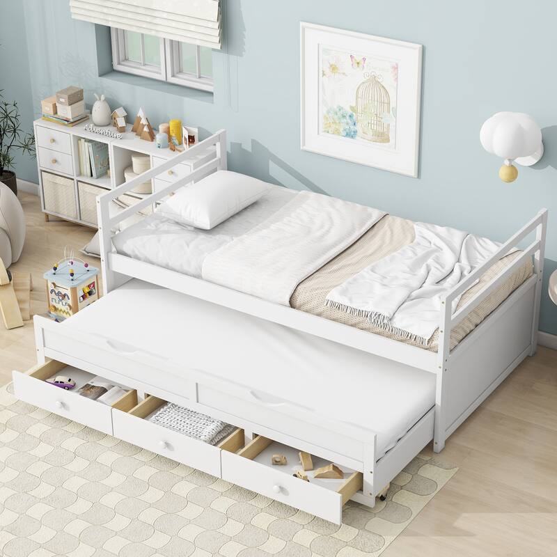 Twin Size Pine Wood Bed with Headboard, Footboard, Trundle, and Three Storage Drawers in White