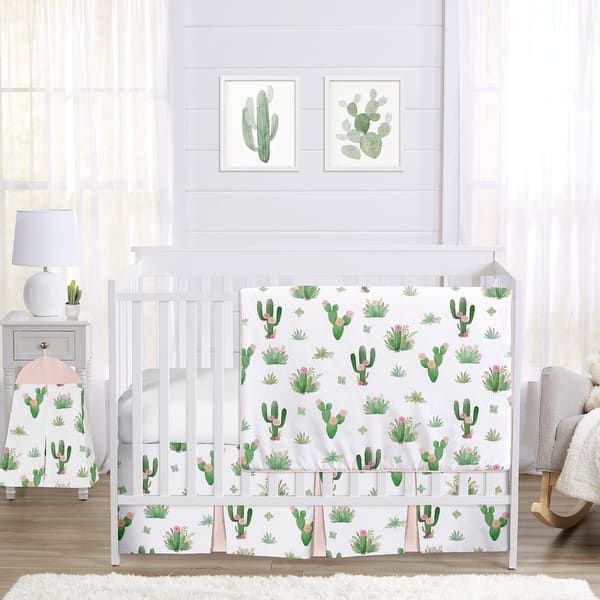 slide 2 of 6, Sweet Jojo Designs Pink and Green Boho Watercolor Cactus Floral Collection Girl 4-piece Bumperless Crib Bedding Set
