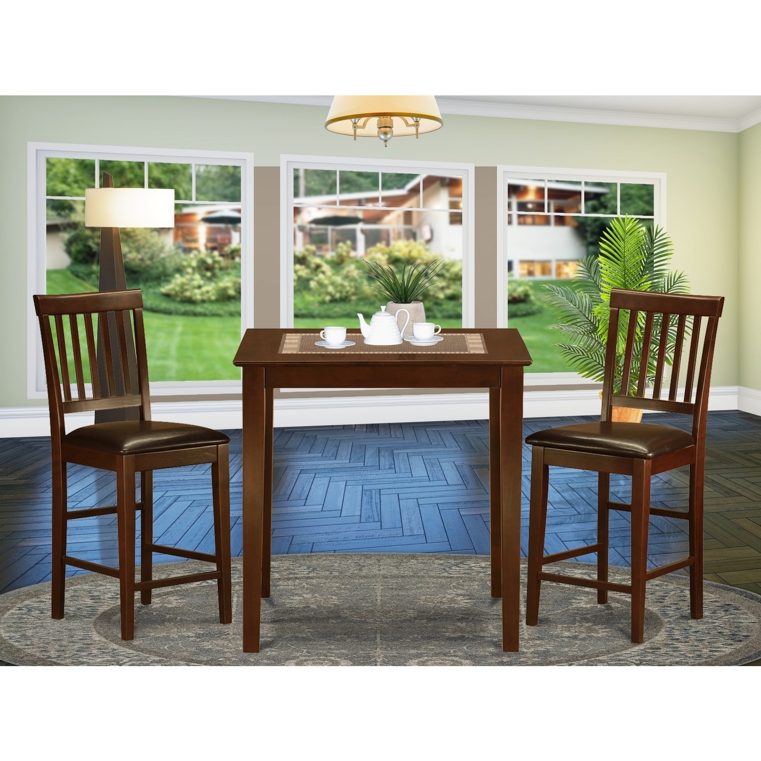 Counter Height Table Set - 3 Piece Dining Set with Stools - Rustic Kitchen Table - Mahogany