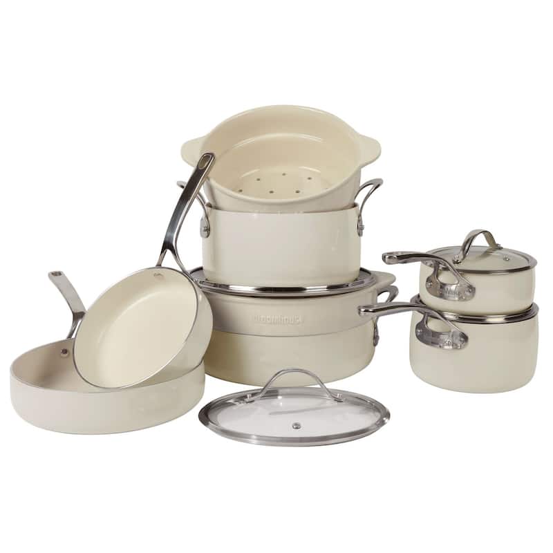 Bloomhouse 12 Piece Aluminum Enamel Cookware Set w/ Non-stick Non-toxic Ceramic Interior and Ceramic Steamer Insert