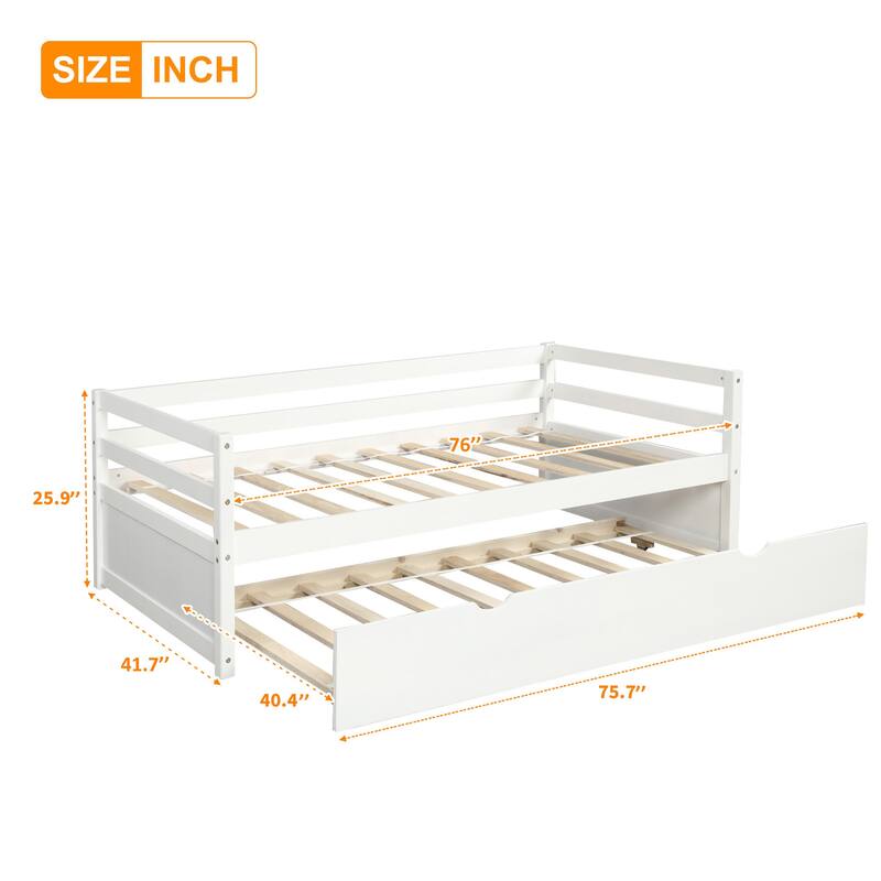 Twin Size White Daybed with Trundle Frame Set, No Box Spring Required