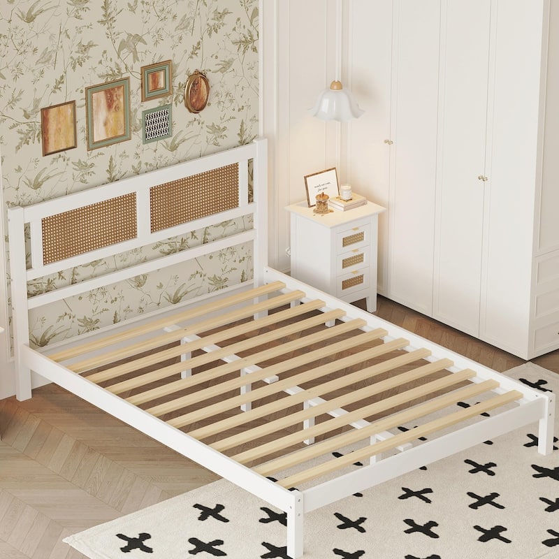 Wood Platform Bed with Natural Rattan Headboard, Elegant Minimalist Design