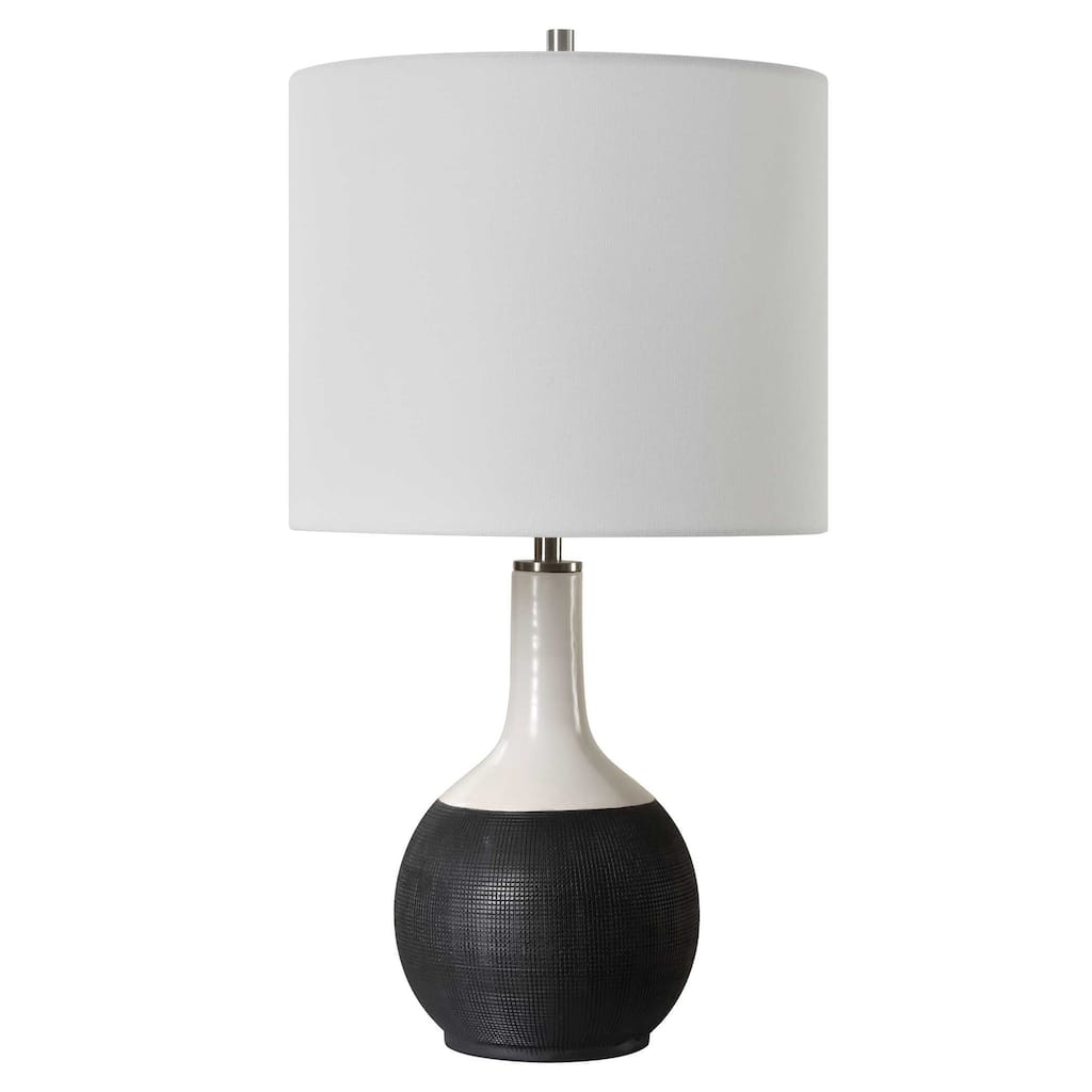 Table Lamp, White Linen Shade, 23 Inch Black and White Ceramic Accent