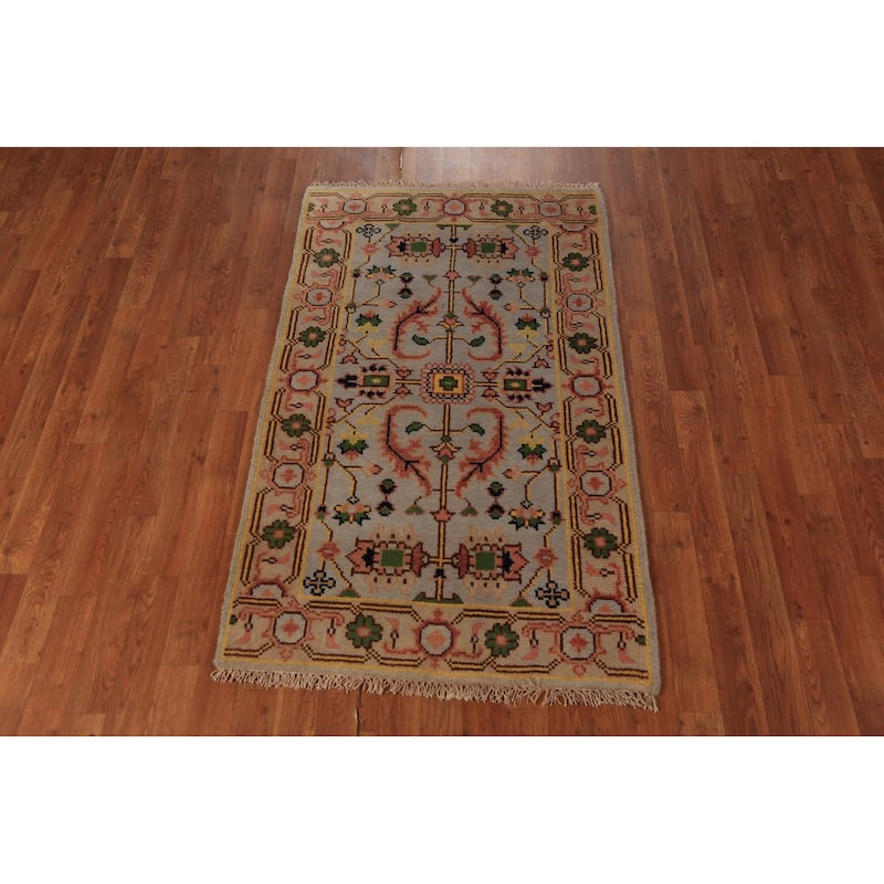 Transitional Beige Oushak Indian Foyer Rug Hand-Knotted Wool Carpet - 2'11"x 5'0"