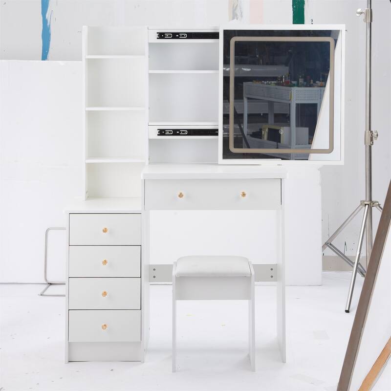 37" Mid-Size Left Bedside Vanity Set with LED Mirror and Stool