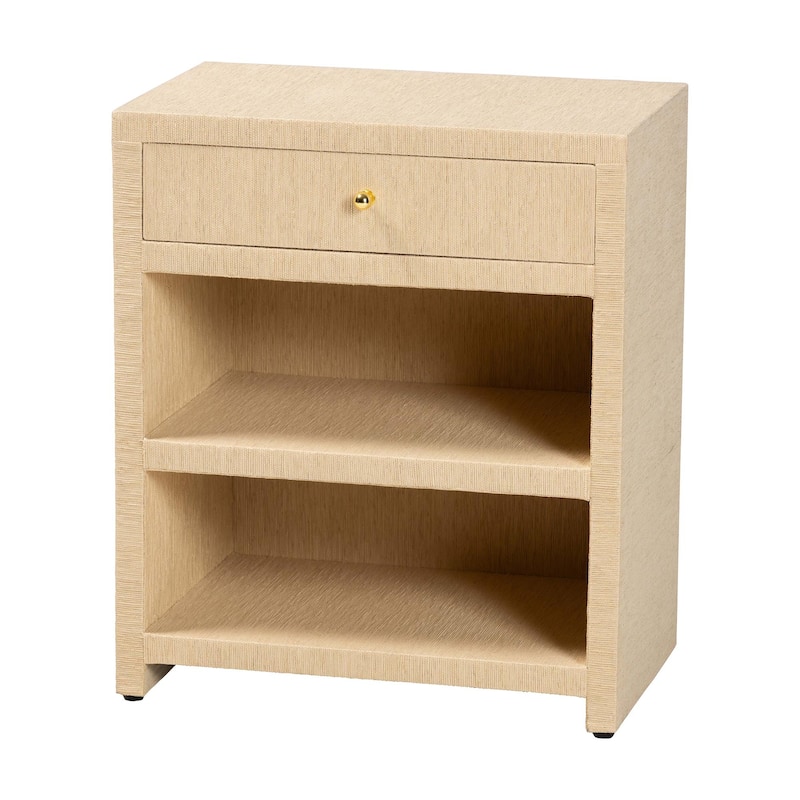 William Grasscloth 1-Drawer Nightstand with Open Shelves - Woven Texture Bedside Table with Gold Knob, Modern Coastal Accent - Light Brown/Gold