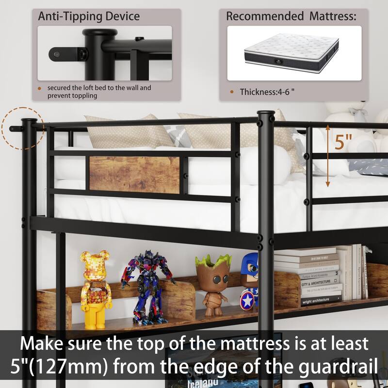 Twin Size Loft Bed with L-Shaped Desk, Charging Station, Fabric Drawers, Shelves, and Safety Guardrail