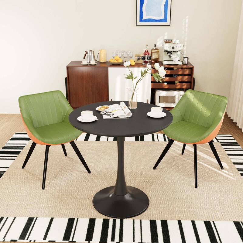 31.5 " MDF round dining table, tulip dining table, and 2 artificial leather decorative chairs with black metal legs
