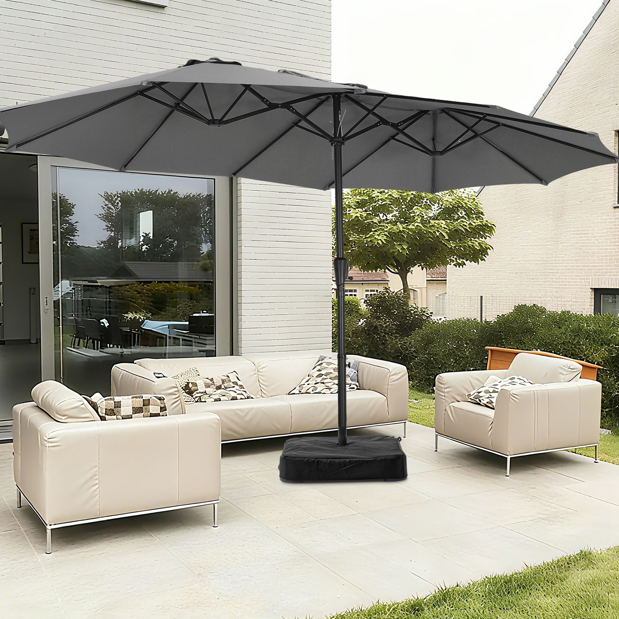 gray patio umbrella with base PatioKingdom 9FT Outdoor Umbrella, Autotilt Paired with umbrellas sized 8 x 8 and 9 x 9 for optimal performance Ainfox 15 ft Outdoor Patio