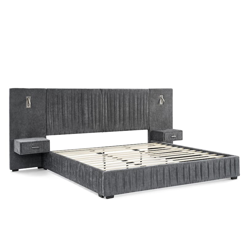 Pleating Upholstered Bed Platform Bed Frame with Enlarged Widened Headboard and Integrated Bedside Table Adjustable Bedside Lamp
